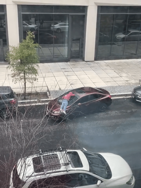 Ô tô lăn bánh với một người nằm úp mặt trên kính chắn gió gây tò mò