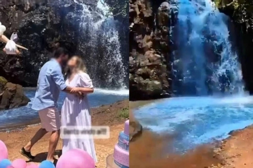 Cặp vợ chồng nhuộm xanh thác nước để thông báo giới tính của con