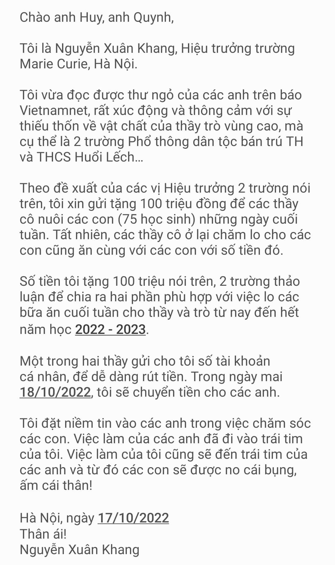 100 triệu đầu tiên đến với hai hiệu trưởng “xin cơm” nuôi học trò