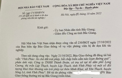 Hội Nhà báo Việt Nam đề nghị xử lý người dọa ‘giết cả nhà’ một phóng viên