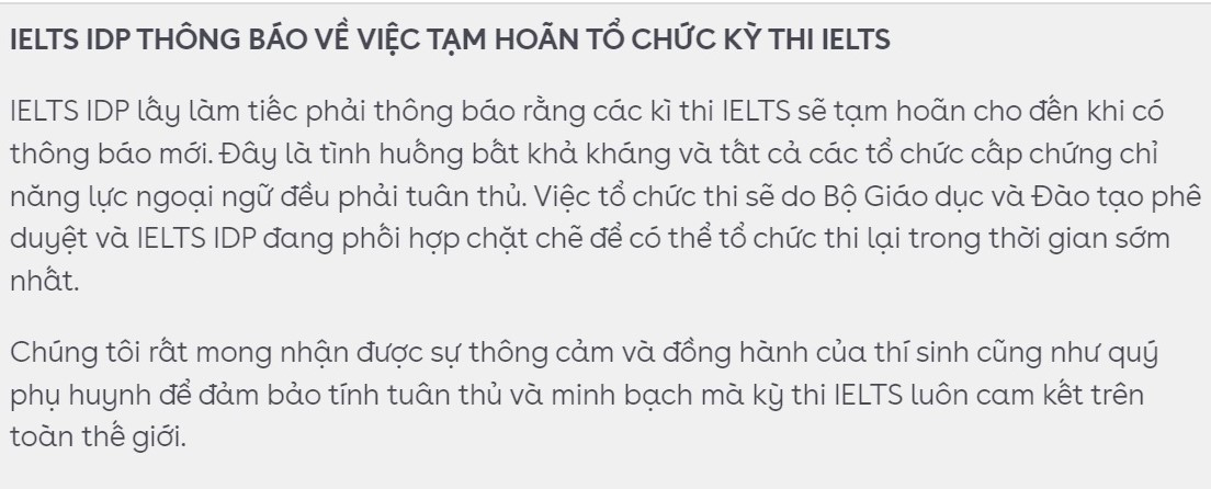 IDP cũng thông báo tạm hoãn kỳ thi IELTS