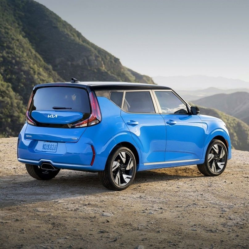 Blue Kia Soul, rear view