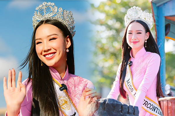 Hoa hậu Bảo Ngọc diễu hành bằng ghe trên chợ nổi Cái Răng