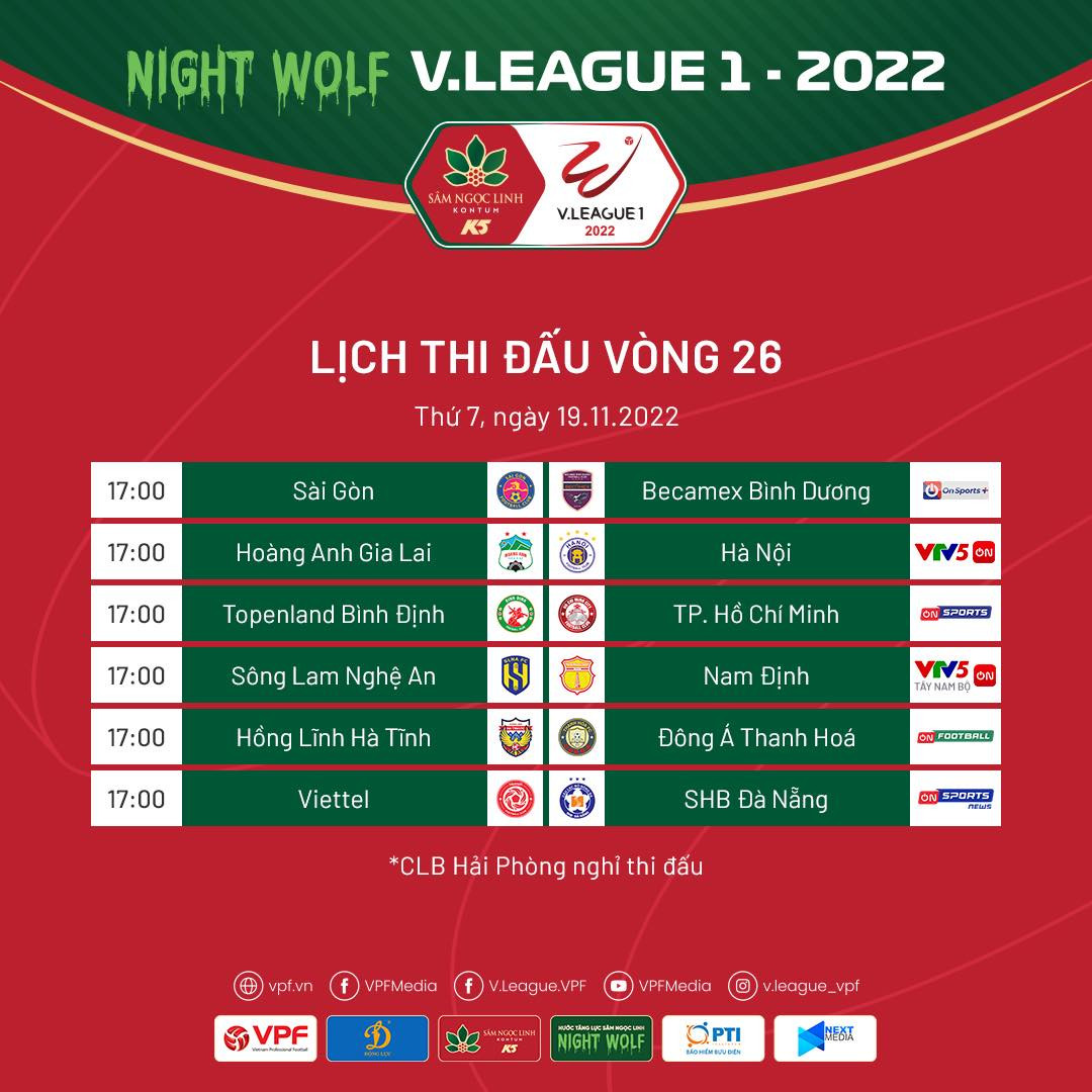 Lịch thi đấu bóng đá VLeague 2022 vòng 26