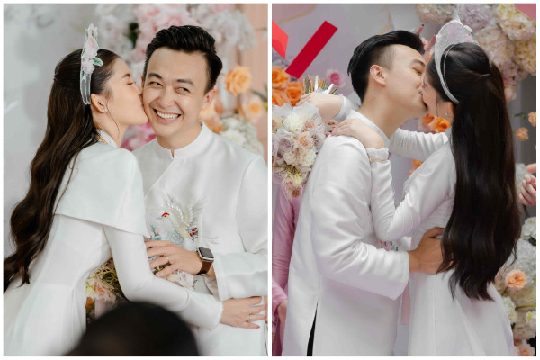 Lê Âu Ngân Anh hôn chú rể MC nổi tiếng trong lễ vu quy