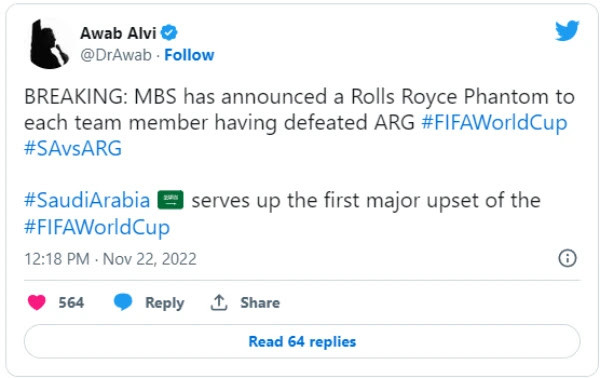 Thắng Argentina cầu thủ Ả Rập Xê Út nhận siêu xe