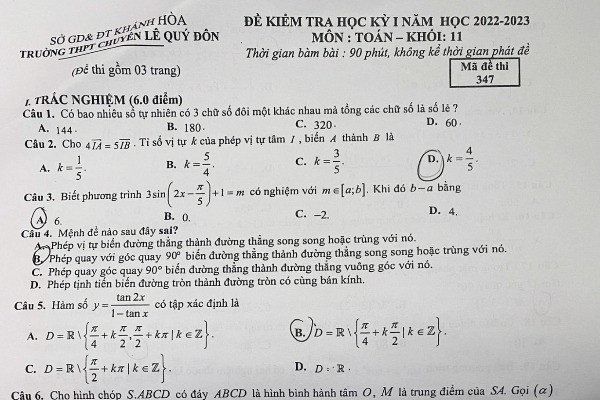 Đề kiểm tra học kỳ 1 môn Toán lớp 11 trường có nam sinh giành HCB Olympia