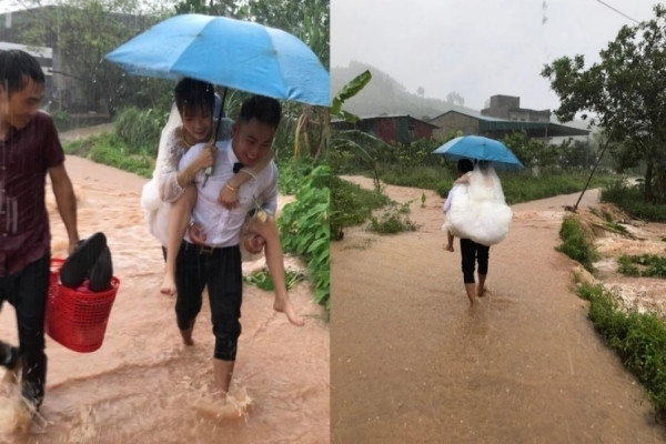 Đám cưới ngày mưa lũ, chú rể Bắc Giang lội nước, cõng cô dâu 'về dinh'