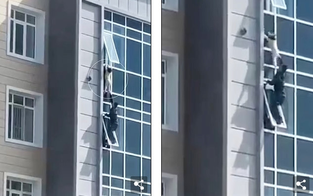 Heart-stopping scene of a man holding a girl who is about to fall from an 8th floor window