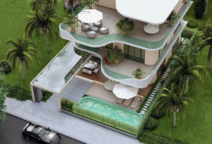 Villa uốn lượn như sóng biển trập trùng, ô cửa tạo hiệu ứng ánh sáng di chuyển