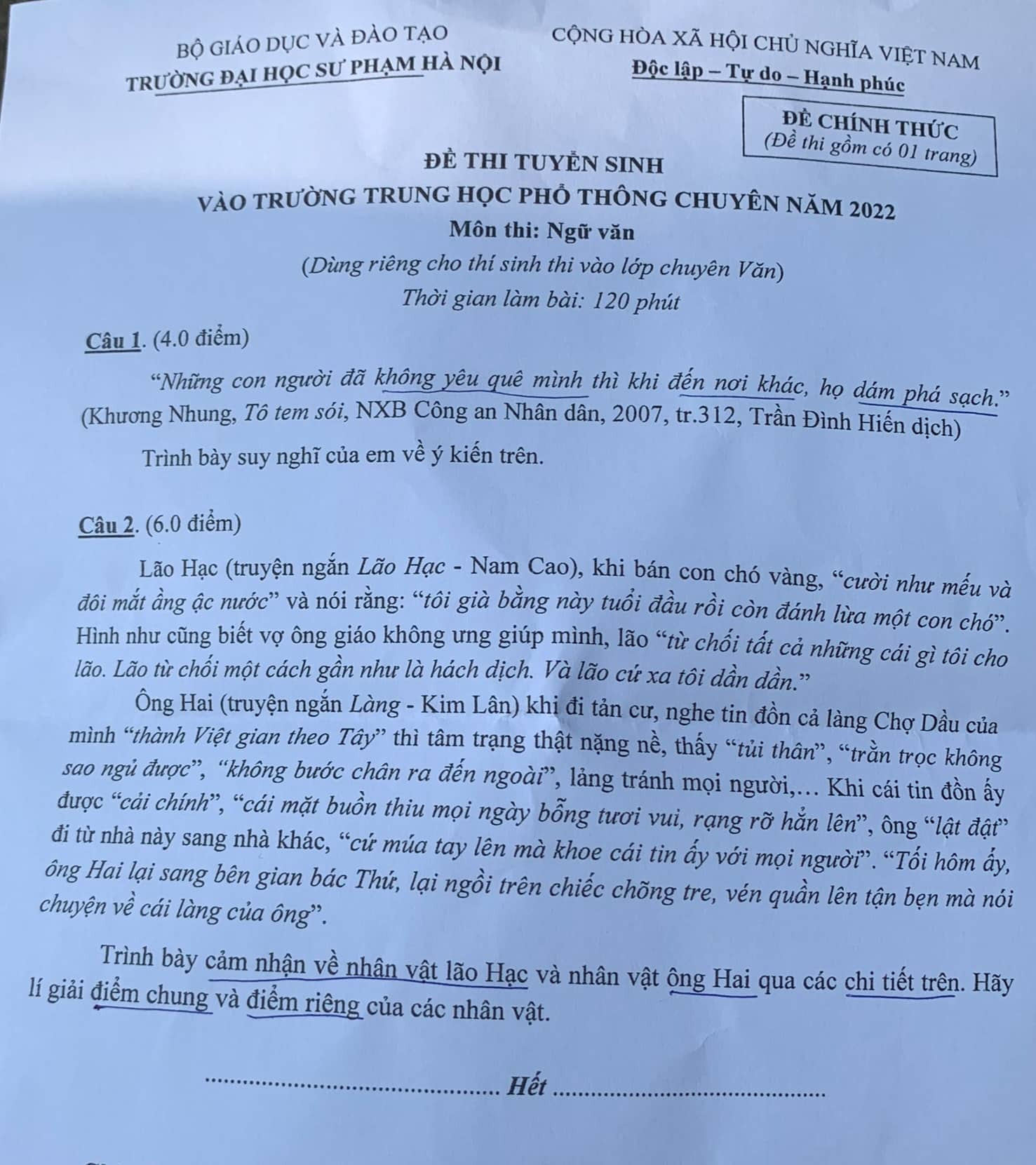 Đề thi vào lớp 10 chuyên môn Ngữ Văn Trường THPT Chuyên ĐH Sư phạm Hà Nội 2022
