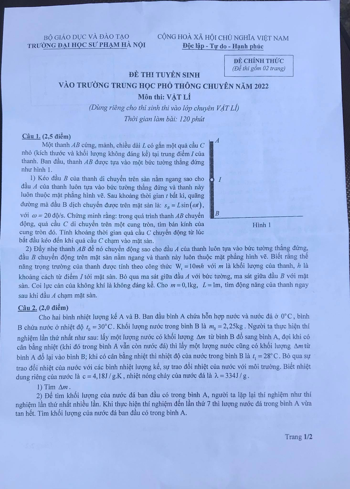 Đề thi vào lớp 10 chuyên môn Vật Lý Trường THPT Chuyên ĐH Sư phạm Hà Nội 2022