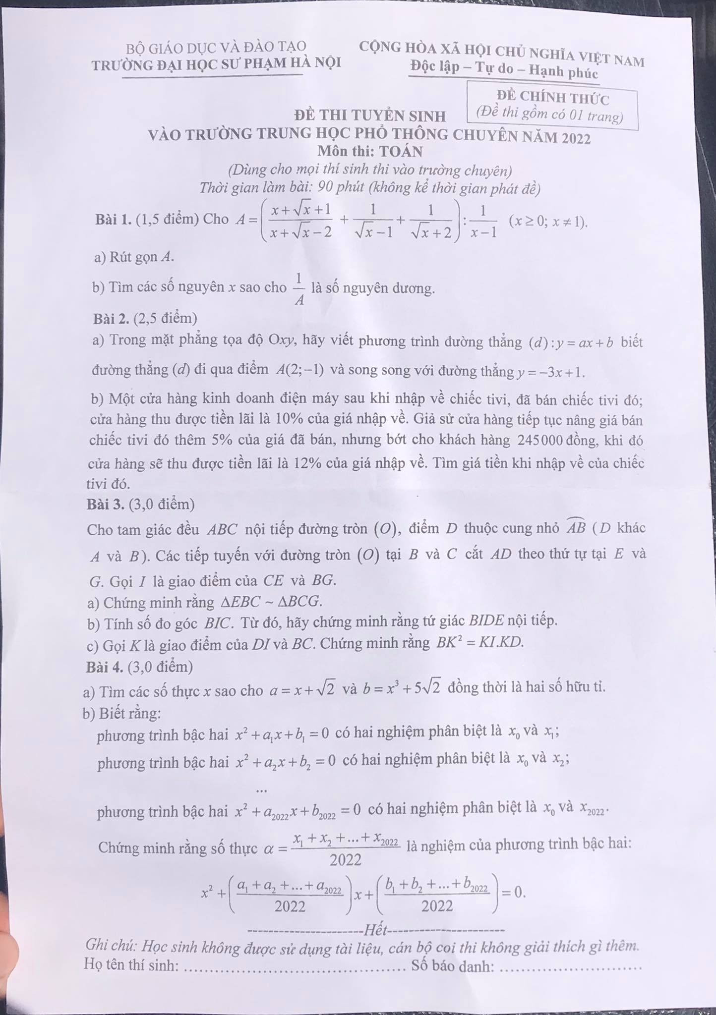 Đề thi vào lớp 10 môn Toán Trường THPT Chuyên ĐH Sư phạm Hà Nội năm 2022