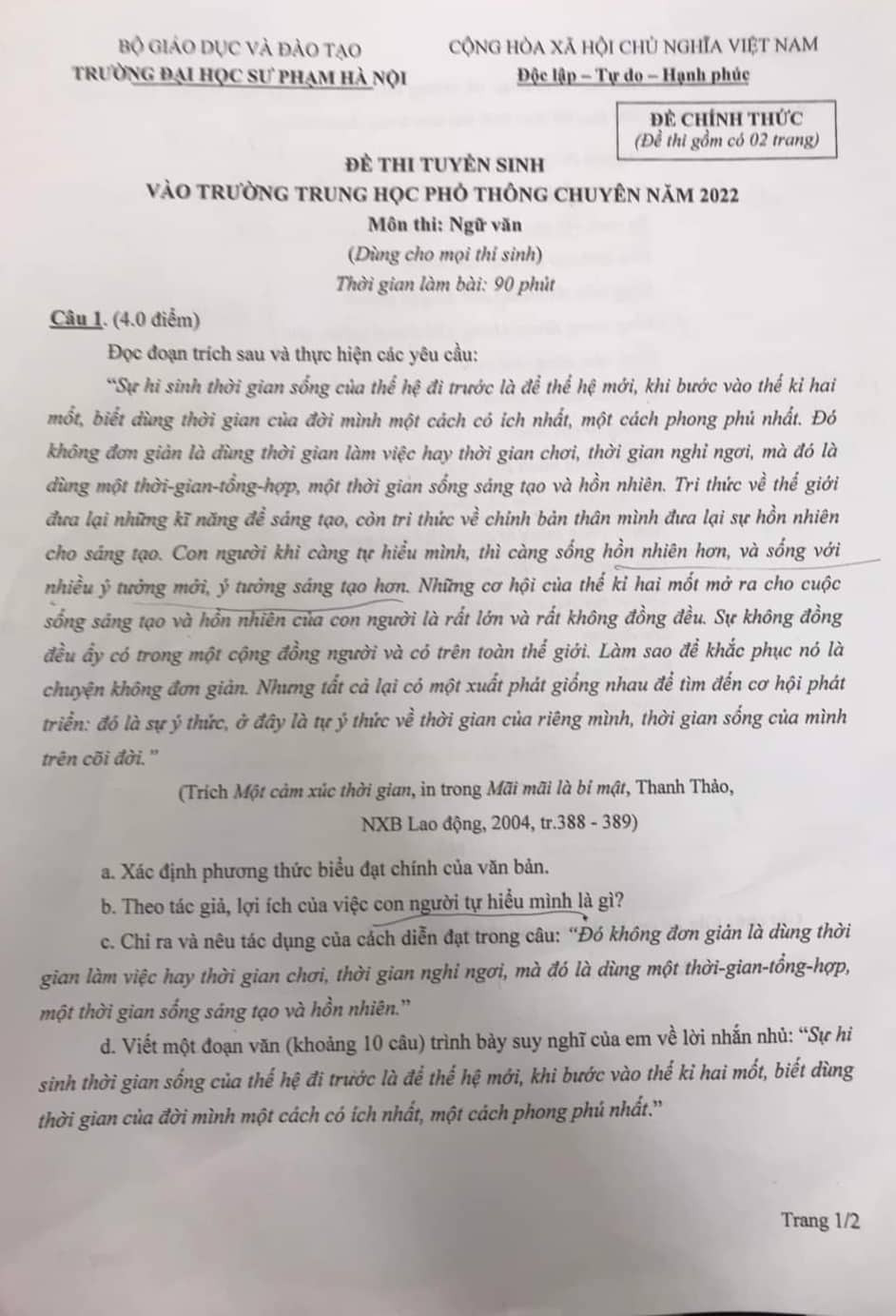 Đề thi vào lớp 10 môn Ngữ Văn Trường THPT Chuyên ĐH Sư phạm Hà Nội năm 2022