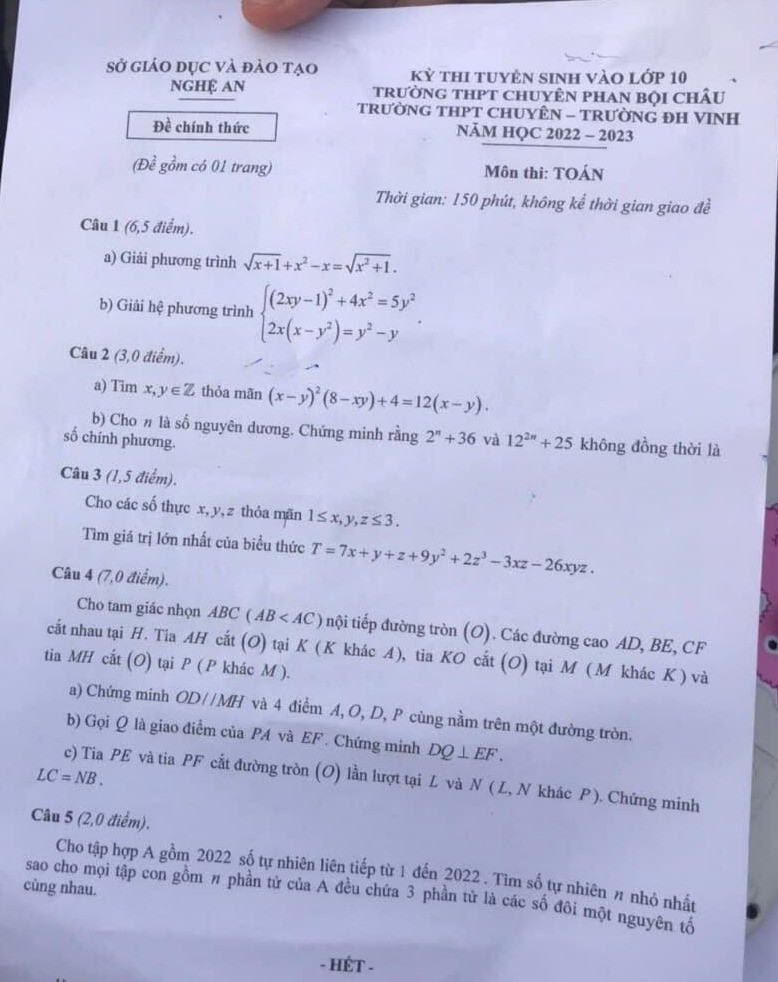 Đề thi vào lớp 10 môn Toán chuyên trường Phan Bội Châu năm 2022