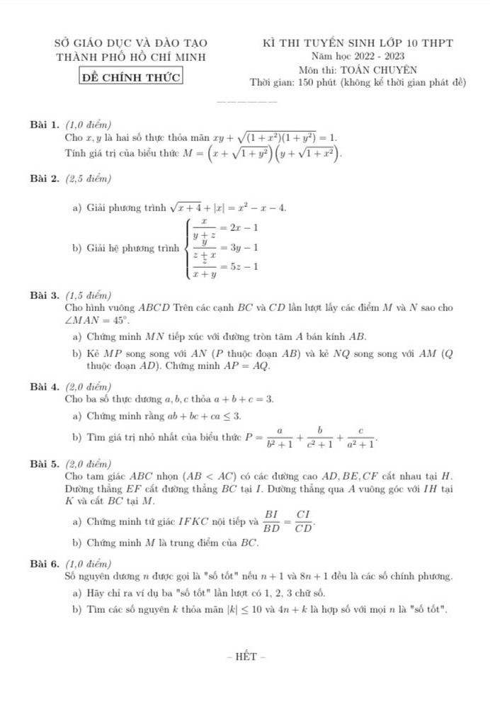 Đề thi môn Toán chuyên vào lớp 10 ở TP.HCM năm 2022