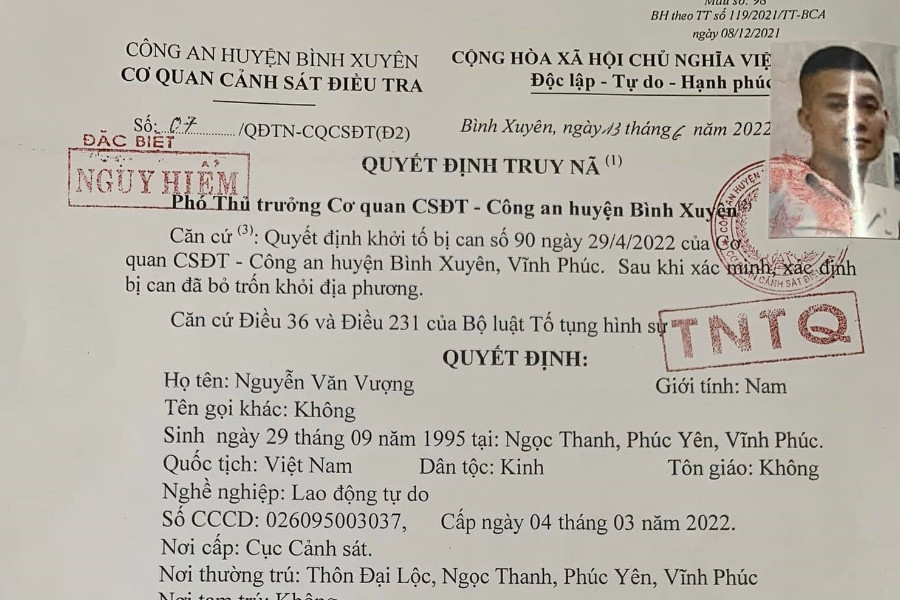 Truy nã nghi phạm giết người đặc biệt nguy hiểm ở Vĩnh Phúc