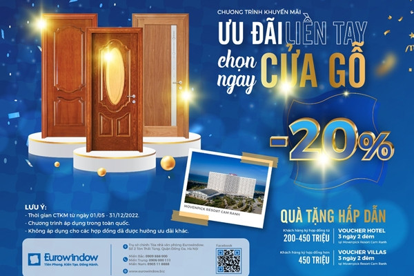 Eurowindow ưu đãi tới 20%, tặng voucher nghỉ dưỡng