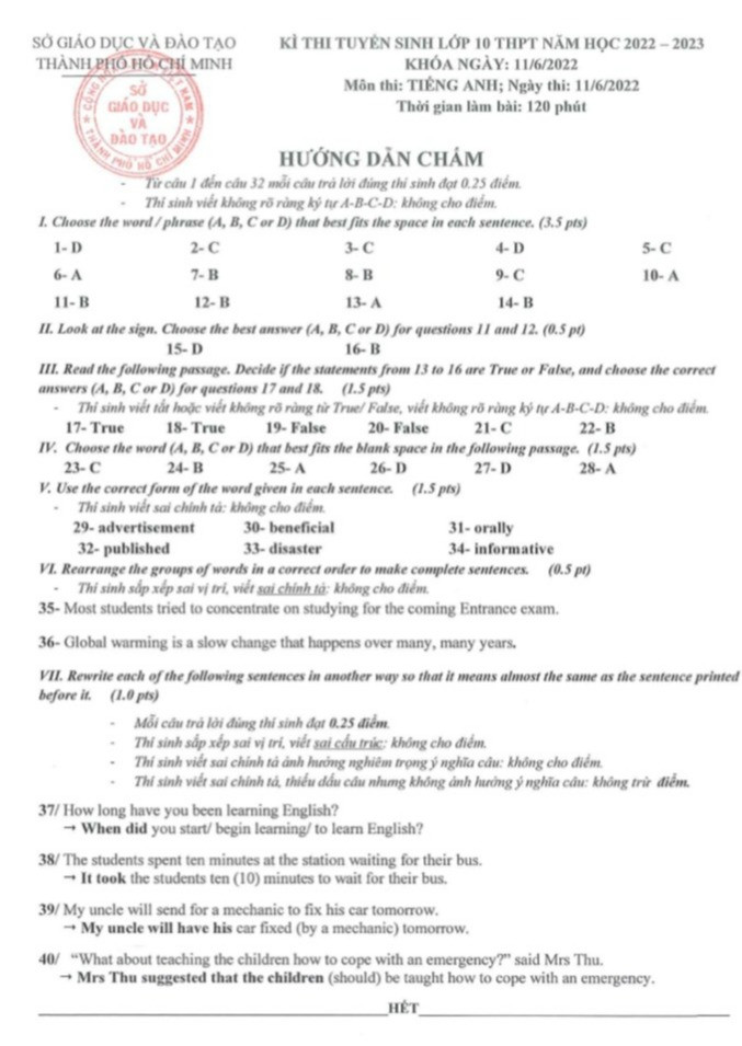 Đáp án chính thức môn Tiếng Anh thi vào lớp 10 ở TP.HCM năm 2022