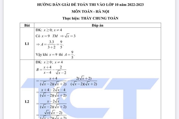 Đáp án gợi ý môn Toán thi lớp 10 năm 2022 tại Hà Nội