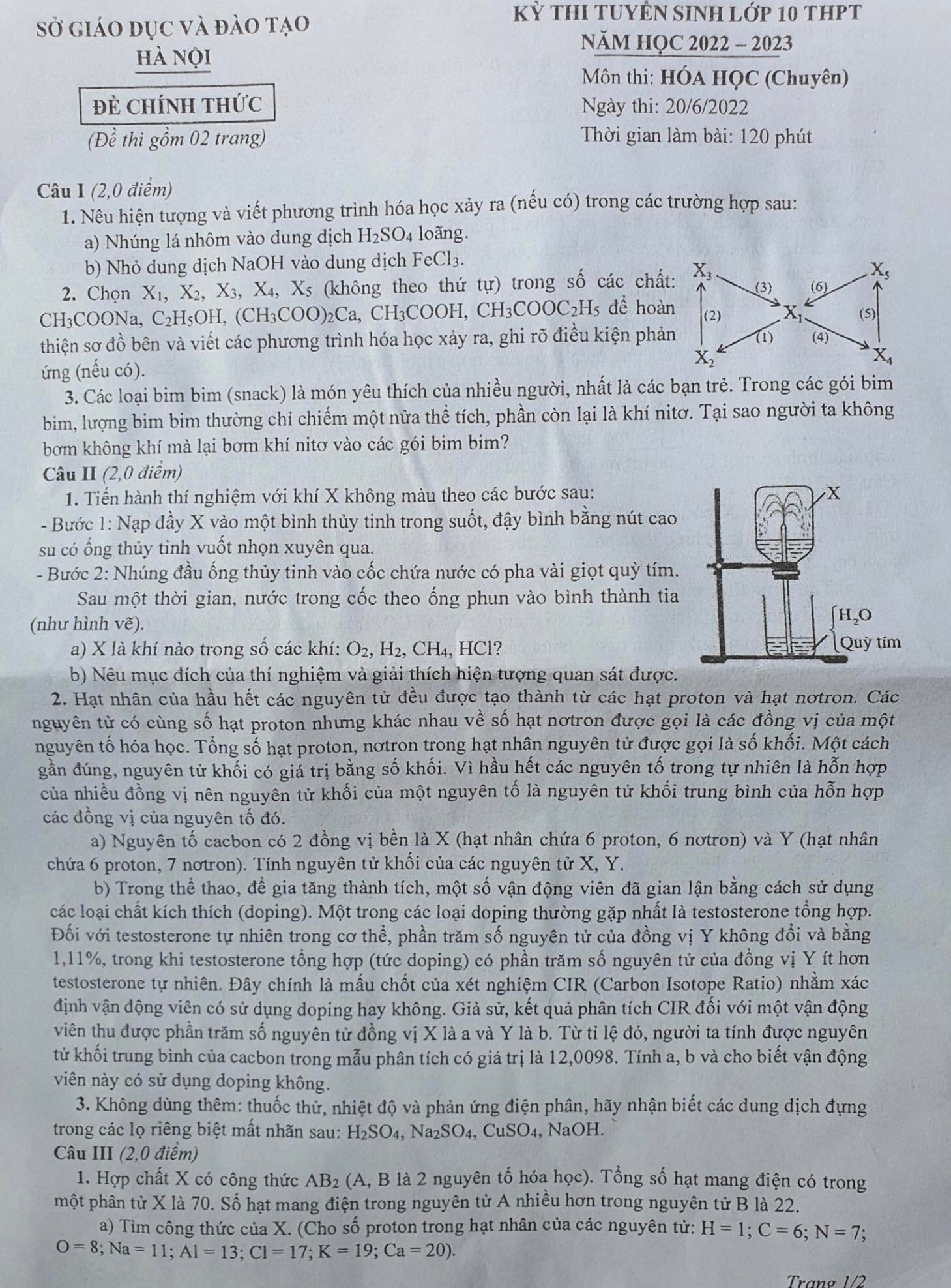 Đề thi chuyên môn Hóa học vào lớp 10 tại Hà Nội năm 2022