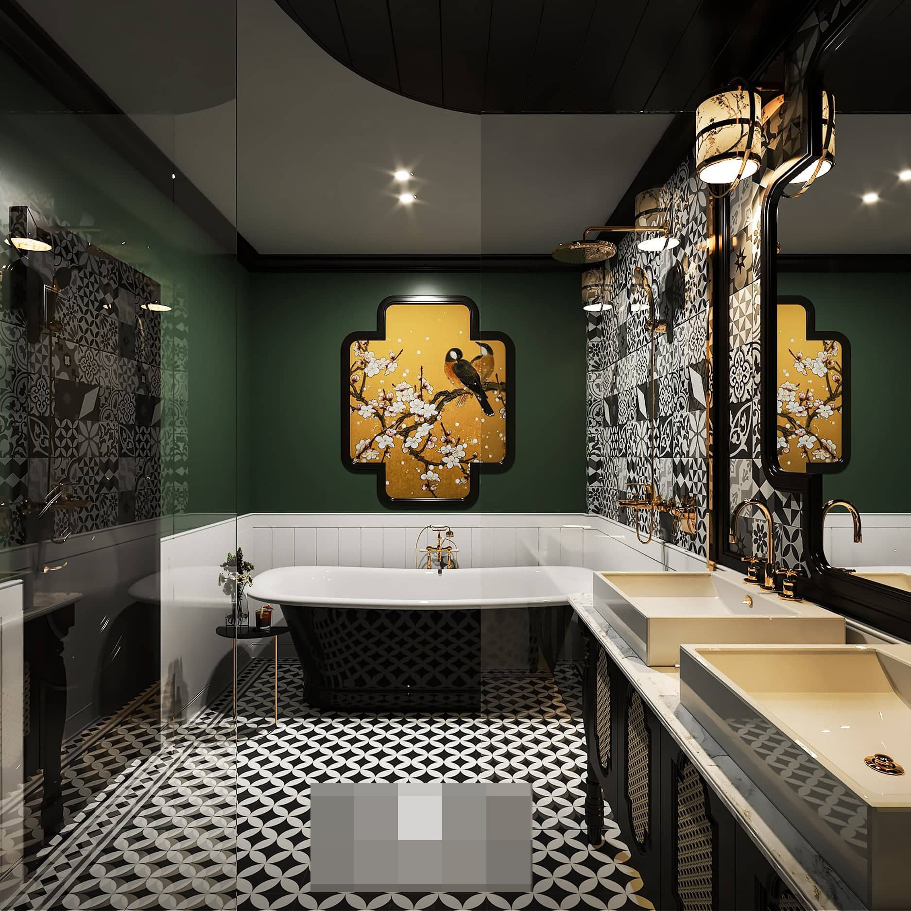 Phòng tắm sang trọng, tỉ mỉ đến từng chi tiết nhỏ như: Bức tranh kỷ hà, bồn tắm nằm, cây sen đồng, gạch ốp tường...