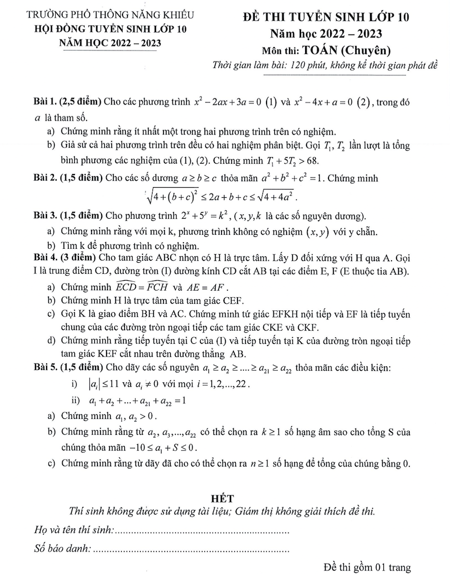 Đề thi vào lớp 10 môn Toán chuyên Trường phổ thông Năng khiếu năm 2022