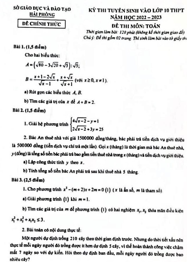 Đề thi vào lớp 10 môn Toán tại Hải Phòng năm 2022