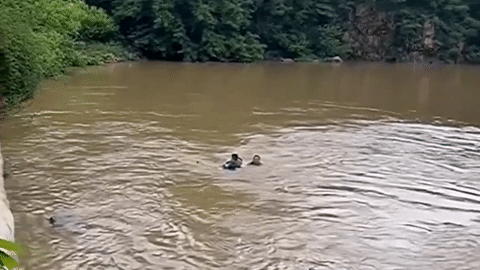 Hai người đàn ông vật lộn với dòng nước để giải cứu bé trai