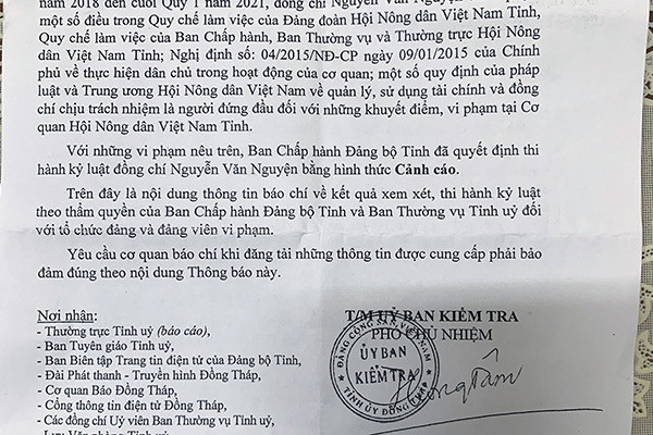 Chủ tịch Hội Nông dân tỉnh Đồng Tháp bị kỷ luật cảnh cáo