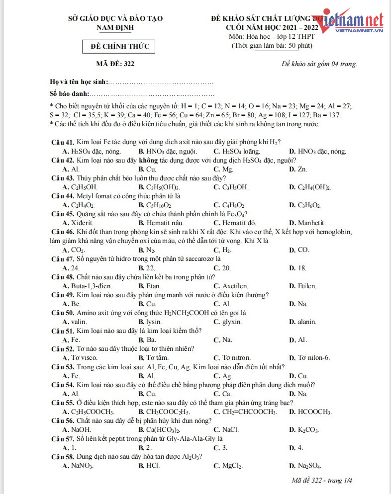 Đề thi thử tốt nghiệp THPT môn Hóa học 2022 của Nam Định có đáp án