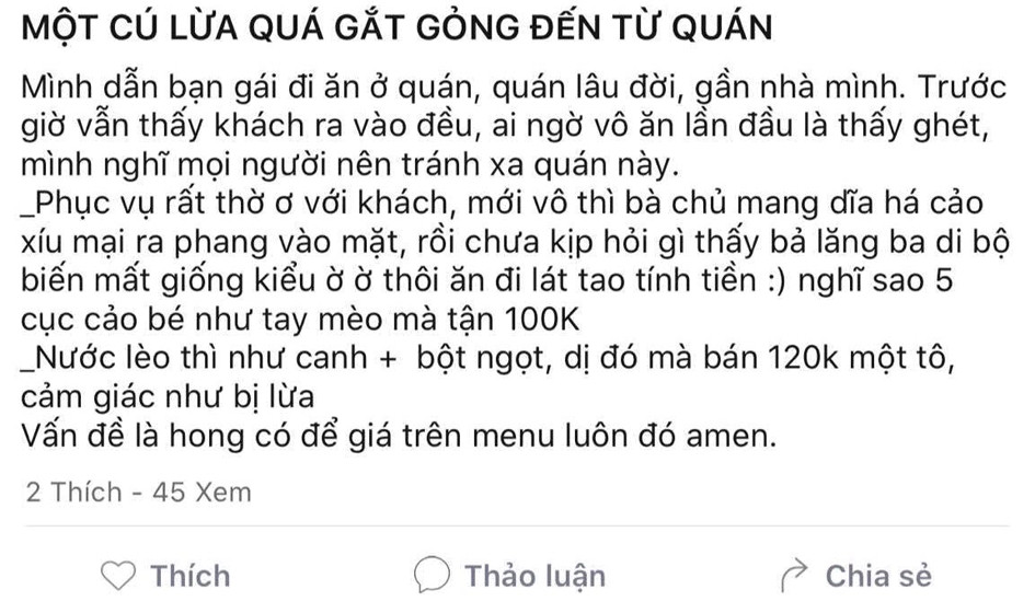Nhiều người tiêu dùng phản ánh sự thất vọng về chất lượng dịch vụ ăn uống quá tệ,  bị chặt chém… hoàn toàn khác với review của các tiktoker, youtuber - ẢNH: T.H