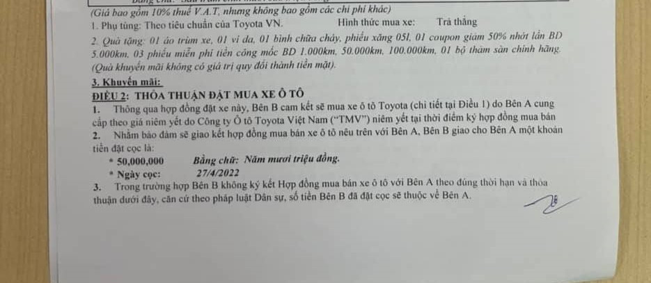 Điểm lừa dối khách trong hợp đồng đặt cọc mua xe Toyota Veloz