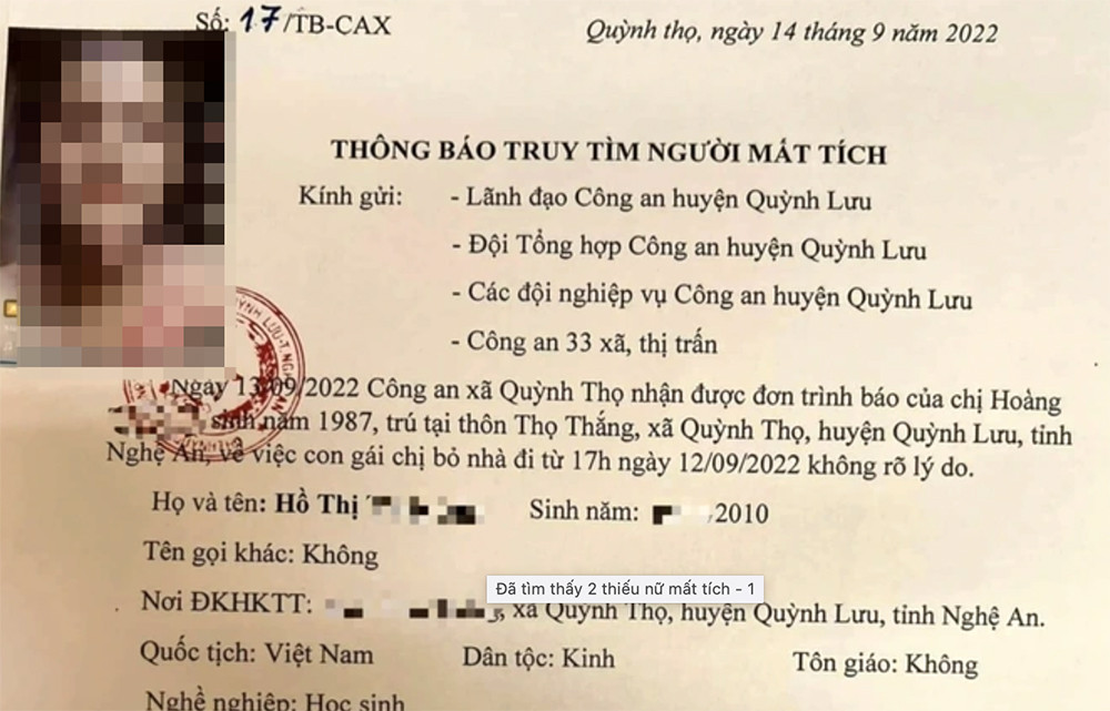 Tìm thấy 2 thiếu nữ quê Nghệ An bất ngờ mất tích