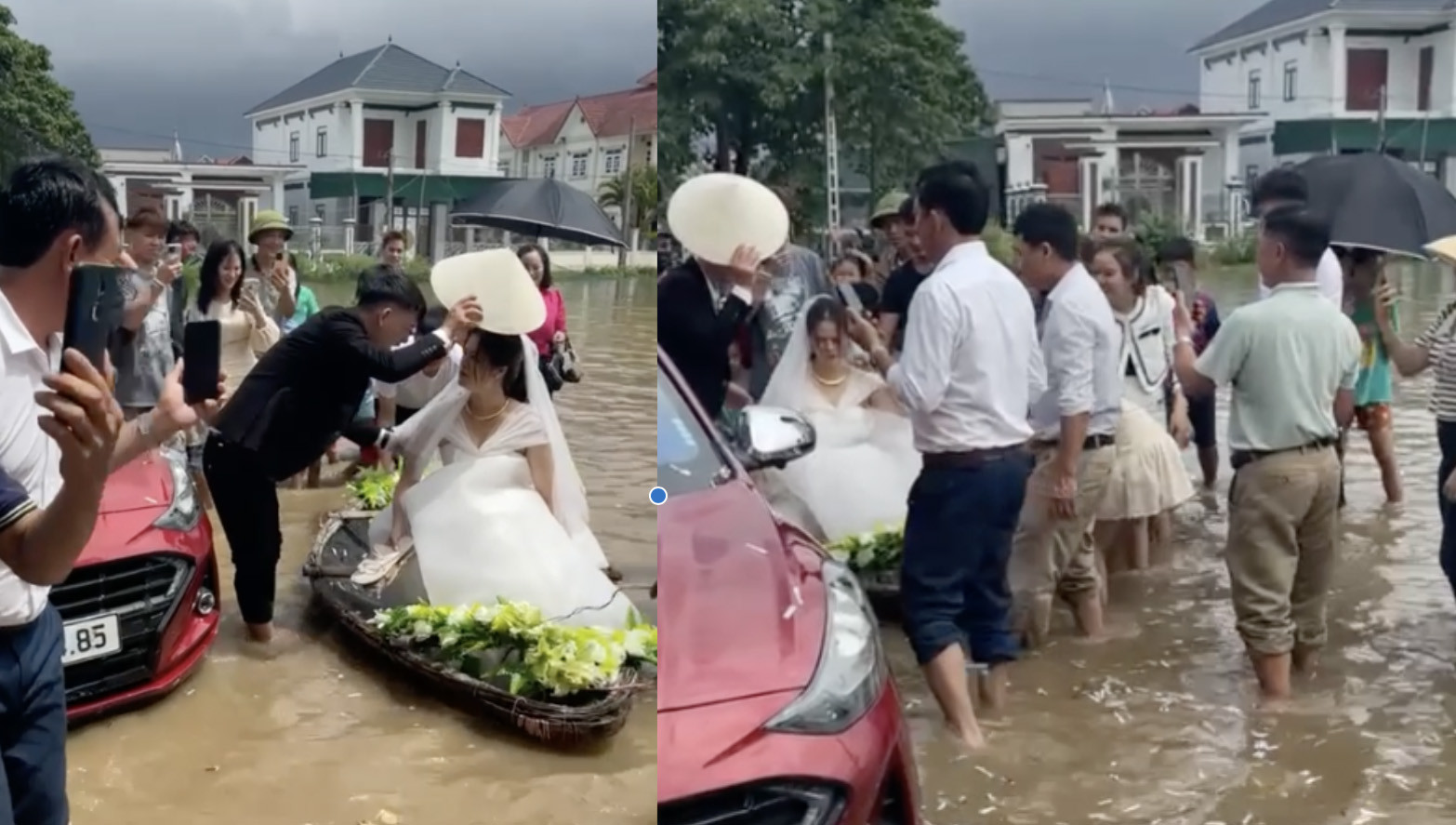 Đám cưới ngày mưa lũ, chú rể Nghệ An dùng thuyền rước dâu