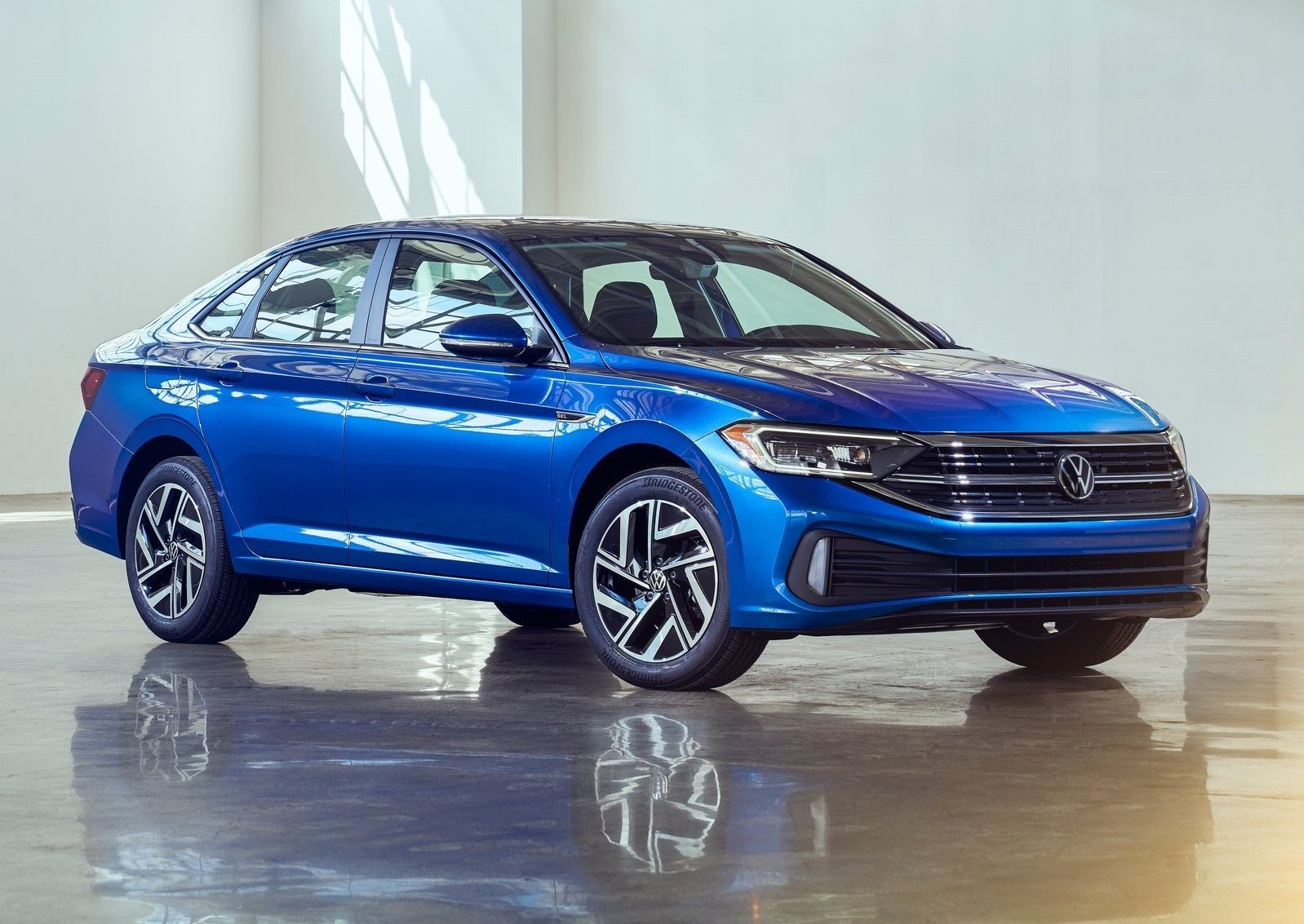 Blue Volkswagen Jetta GLI in Showroom