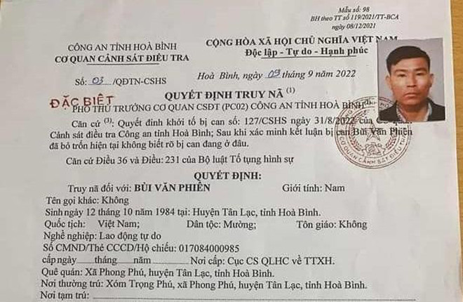 Truy nã nghi phạm chém mẹ vợ tử vong ở Hòa Bình