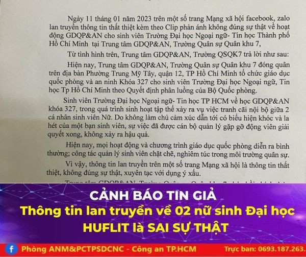 Công an TP.HCM: Thông tin nữ sinh HUFLIT bị xâm hại là sai sự thật