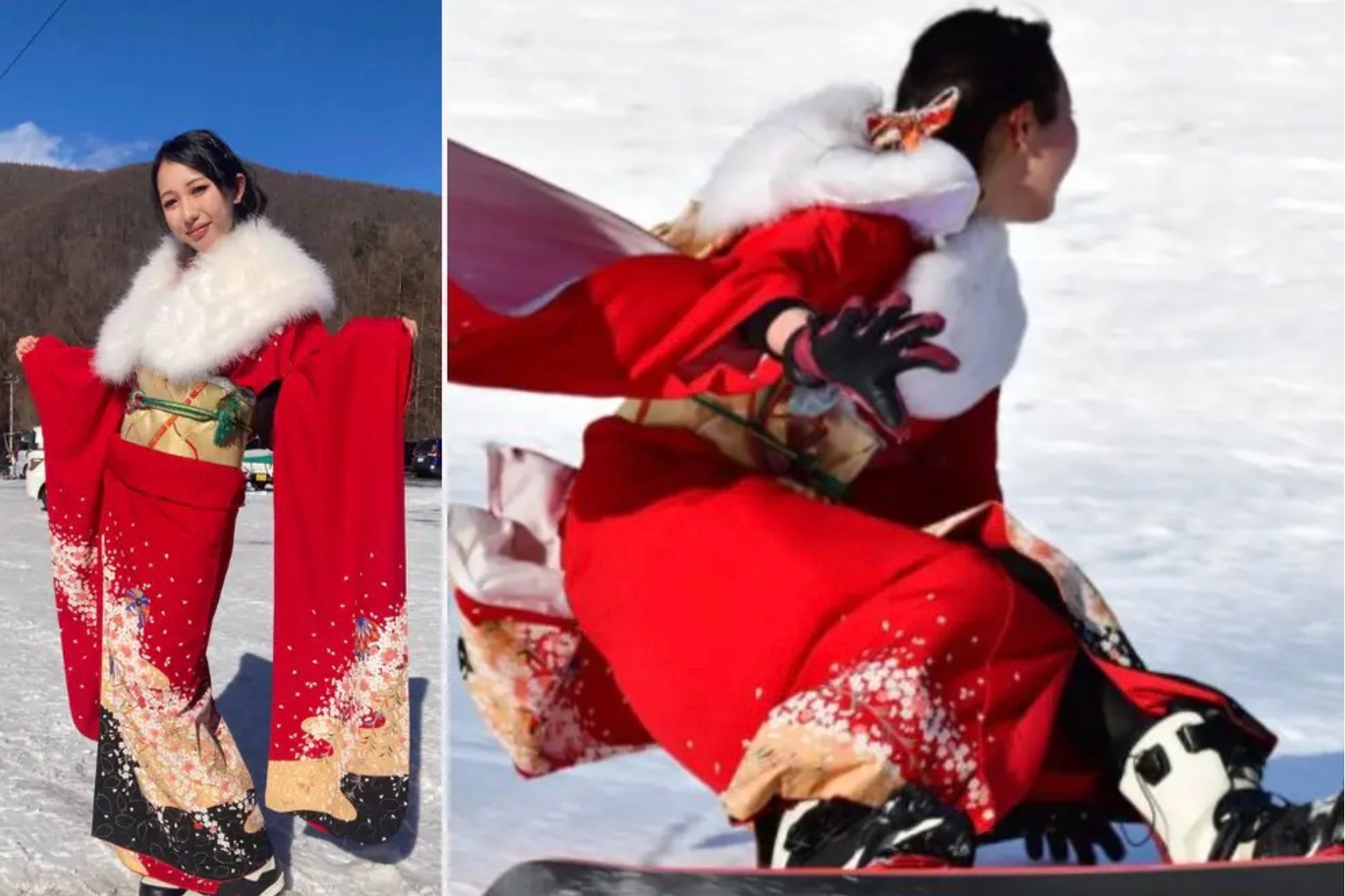 Video thiếu nữ diện kimono đỏ 'bay' trên tuyết trắng gây sốt