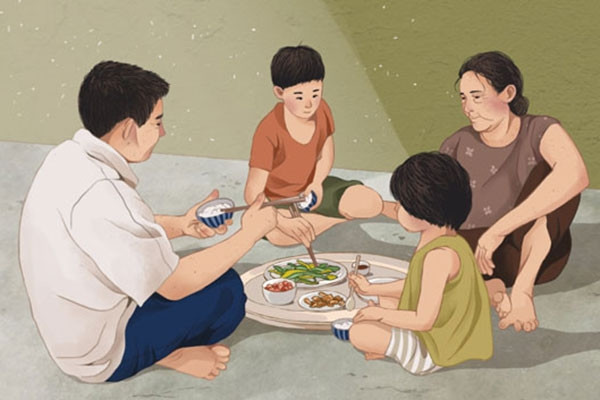 Nay thịt gà, có mời ông Bổng sang ăn cơm không mẹ?