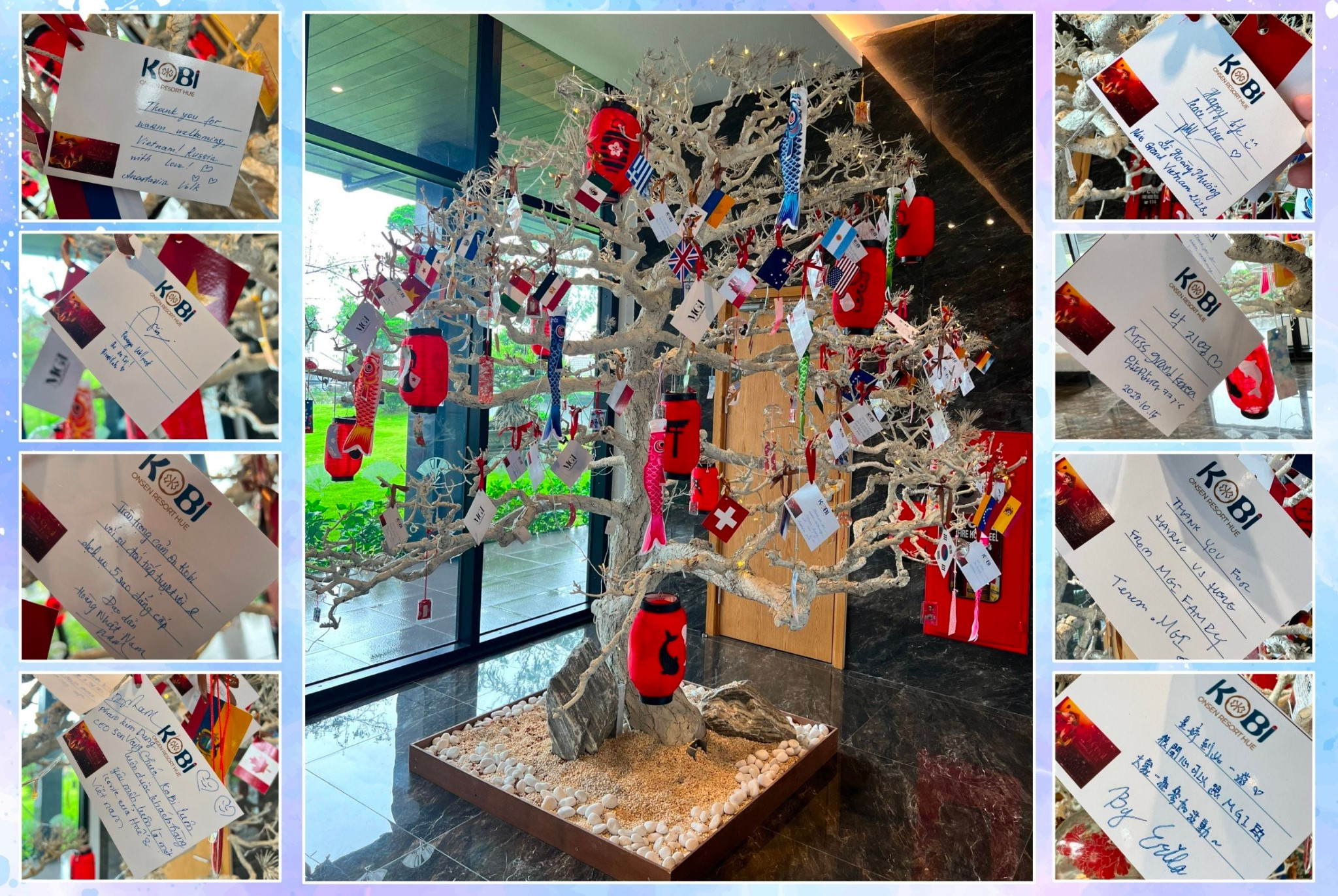 Các hoa hậu đã viết những điều ước - lời chúc treo trên Wishing Tree tại sảnh của KOBI Onsen Resort Hue