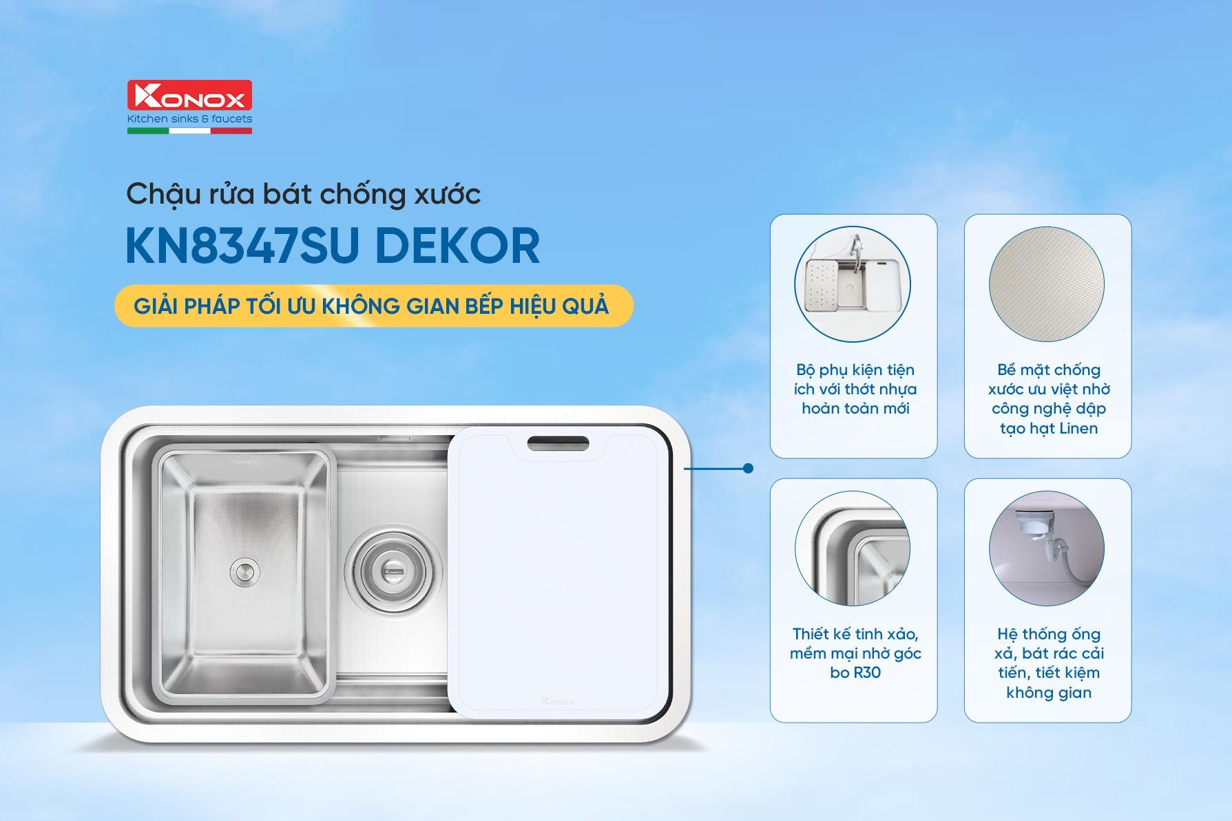  Những lợi thế nổi trội của chậu rửa bát chống xước mới KN8347SU Dekor. Ảnh: Konox