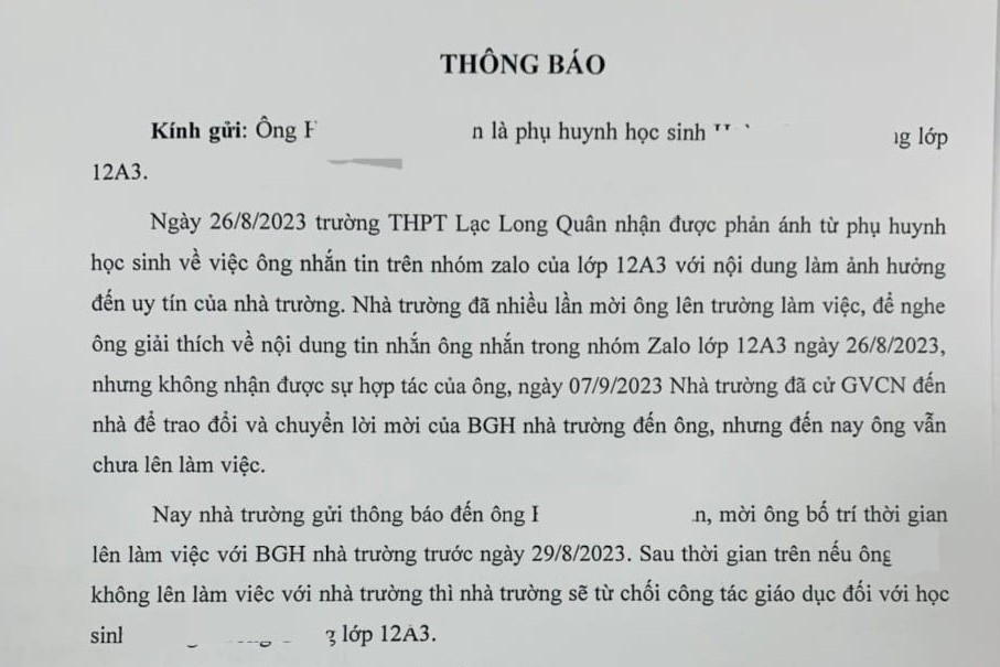 Diễn biến mới vụ trường từ chối dạy học sinh vì tin nhắn của phụ huynh