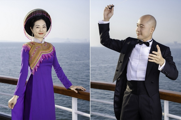 Vợ chồng nhạc trưởng Đồng Quang Vinh - Mạc Song Song biểu diễn ở vịnh Hạ Long