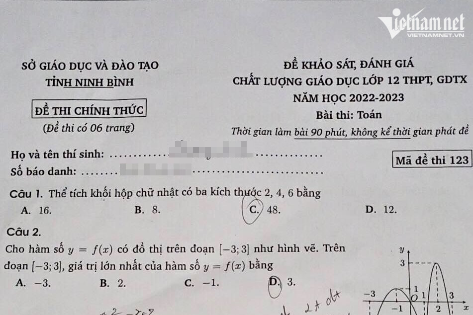 Đề Toán thi thử tốt nghiệp THPT năm 2023 của Ninh Bình