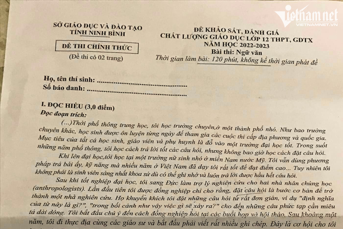 Đề Văn thi thử tốt nghiệp THPT năm 2023 của Ninh Bình