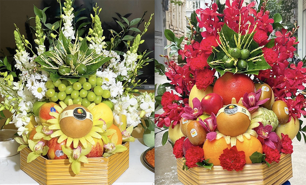 Các lễ mâm hoa quả được rao bán nhiều trên thị trường dịp Rằm tháng Giêng (Ảnh: Hb food & drink)