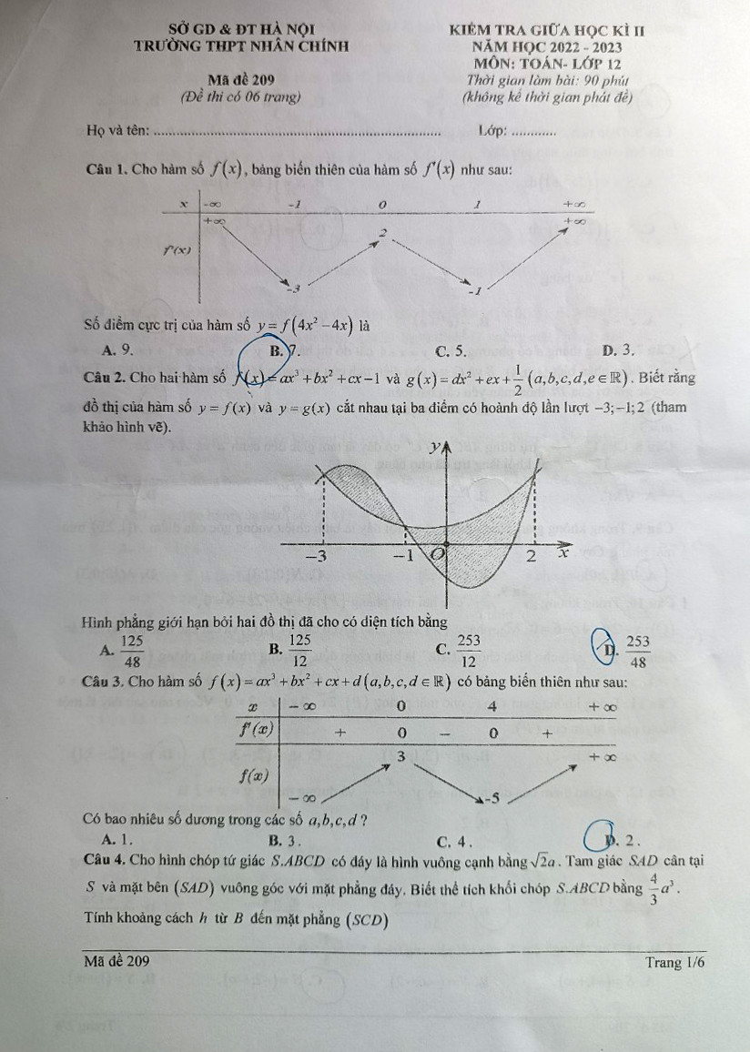 Đề thi giữa học kỳ 2 môn Toán lớp 12 của Trường THPT Nhân Chính