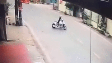 Thót tim cảnh cô gái đi xe máy bị 'trâu điên' rượt đuổi trên đường