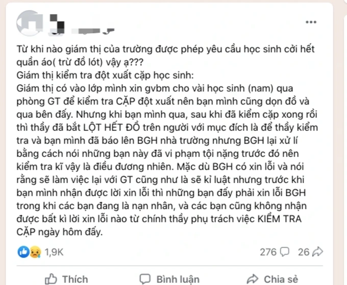 Hiệu phó ở TP.HCM bật khóc vì giám thị yêu cầu học sinh tự lột đồ